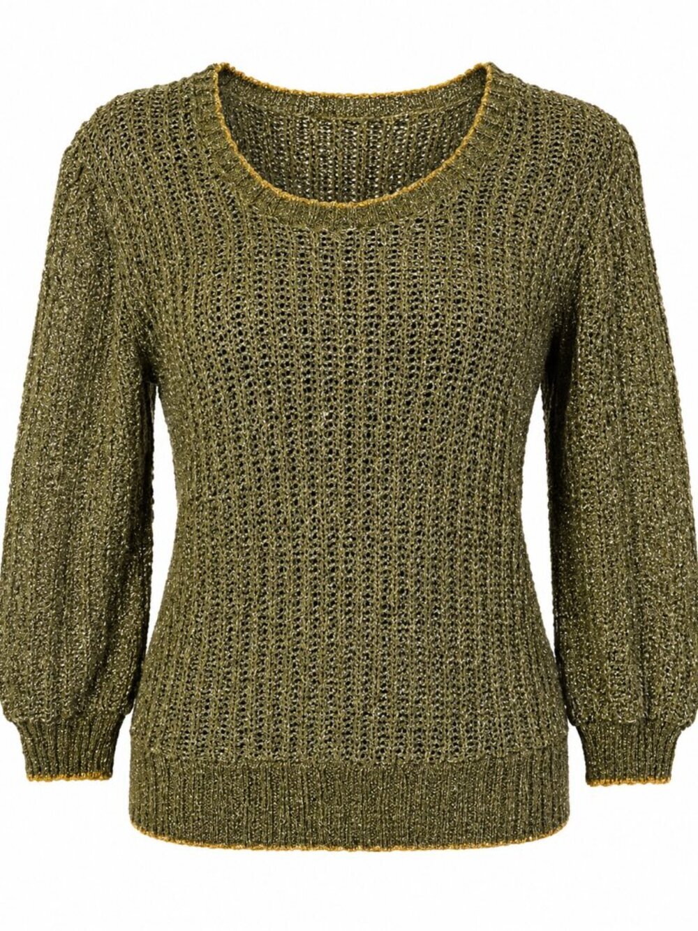 Green / Gold Stretch Sweater | Open Knit Pullover